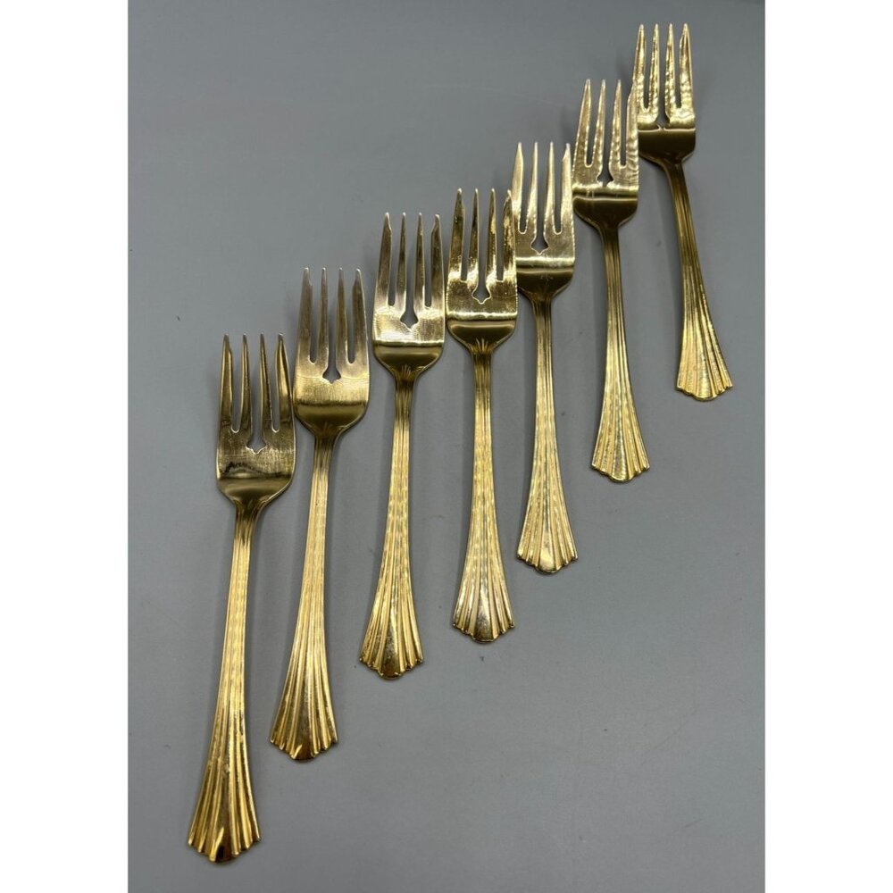 7 Royal Gallery Gold Electroplate Salad Forks Lavish Luncheon Dessert Fork Set
